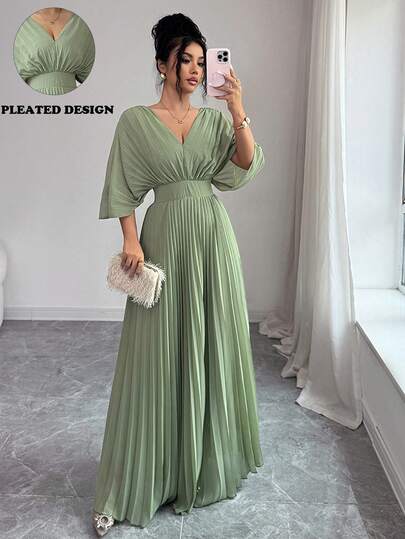 SHEIN Elenzya Women's Elegant Dropped Shoulder Short Sleeve Green Pleated V-Neck Maxi Dress, Casual Vacation Beach Dress For Daily, Date, Outing, Party, Street Fashion