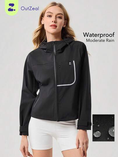 OutZeal 女士户外夹克 黑色 日常休闲 防水 反光条 连帽户外上衣