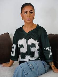 SAYEHFBABY Casual Minimalist 23 Letter & Number Graphic Women T-Shirt, Suitable For Summer - Green - View 5