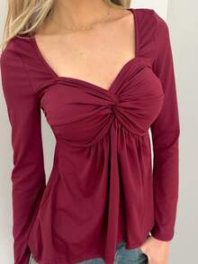 Sydney Algeri 女士休闲扭纹前V领长袖T恤，百搭新款，春秋季 - 酒紅色 - 查看 6