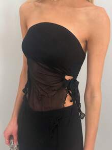 Sydney Algeri Lettuce Trim Drawstring Side Asymmetrical Hem Mesh Tube Asymmetrical Top - Black - View 3