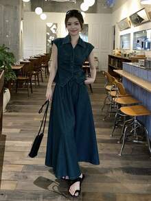 DAZY Women's Collared Sleeveless Blouse & Loose Denim Skirt 2-Piece Set - Blue - View 8