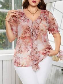 Reflora Plus Size Women Summer Casual Printed Tie Front Short Sleeve Shirt, Going Out Tops - Pink - View 5