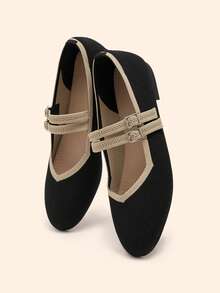 CUCCOO BASICS Women's Round Toe Flat Black Knit Slip-On Sandals With Double Strap & Buckle Closure, Comfortable Breathable Casual Commuter Versatile Mary Jane Shoes Valentine's Day - Black - View 5