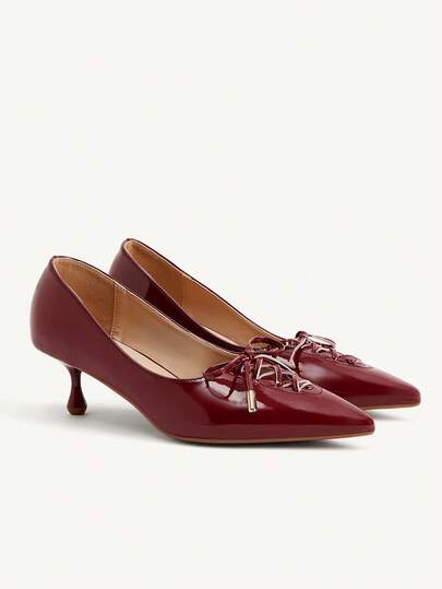 CUCCOO CHICEST Women's Pointed Toe Mid-Heel Burgundy Bow Design Fashionable Elegant Daily Commute Party Occasion High Heel Pumps