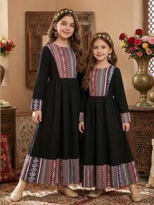 New Design Young Girls Black Long Sleeve Round Neck Geometric Pattern Polyester A Line Dress For Vacation With Flared Hem - Black - View 1