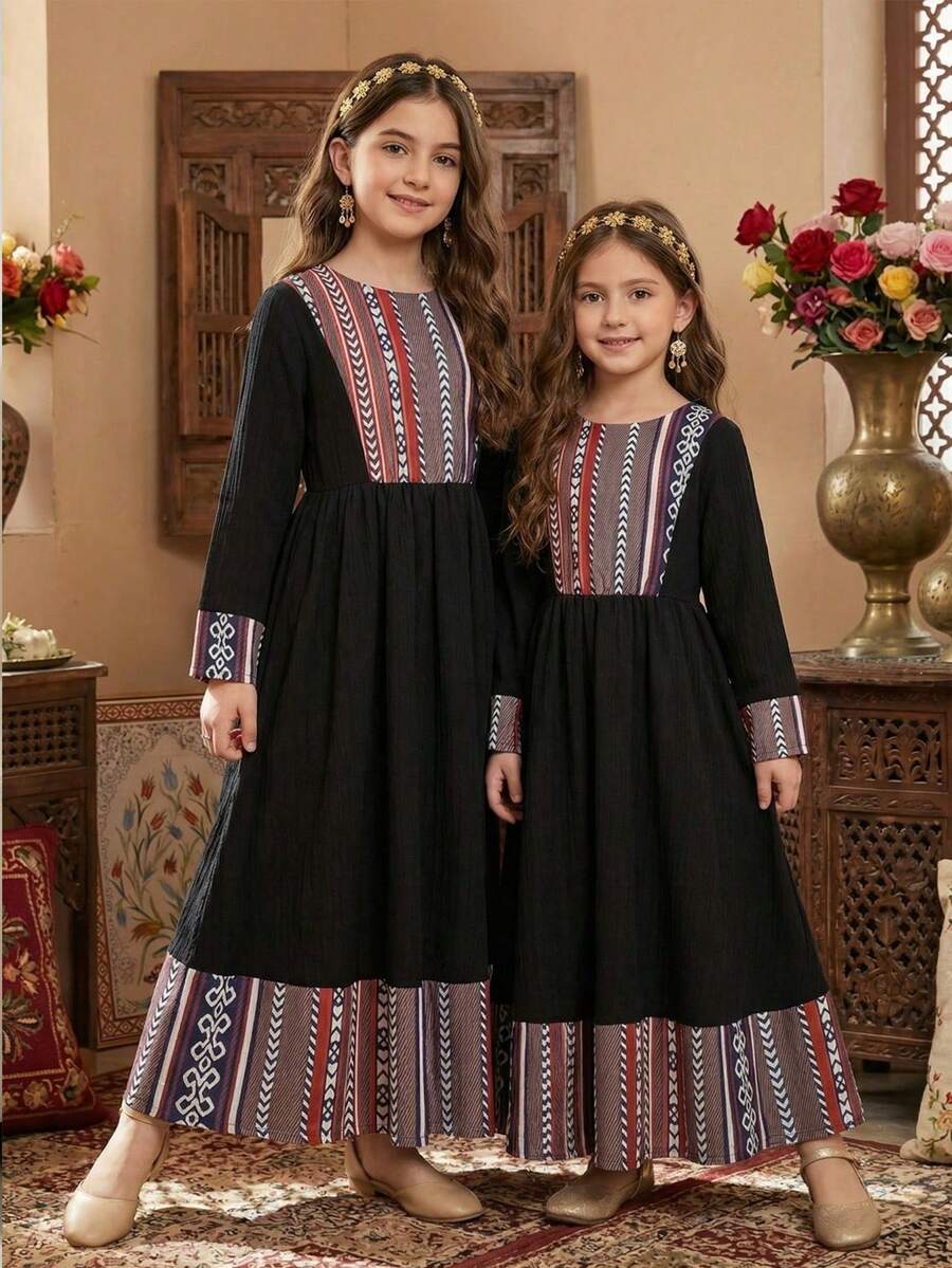 New Design Young Girls Black Long Sleeve Round Neck Geometric Pattern Polyester A Line Dress For Vacation With Flared Hem - Black - View 1