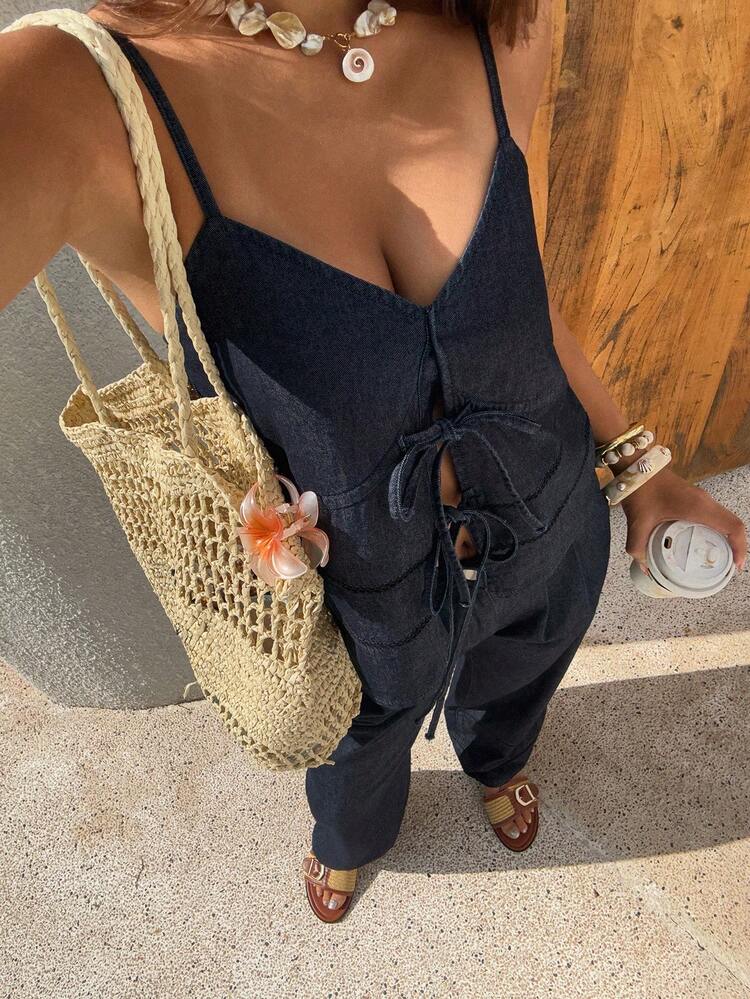 Women's Western Cowgirl Style Drawstring Tie Camisole Top And Wide Leg Pants Casual Vacation Suit, Spring/Summer