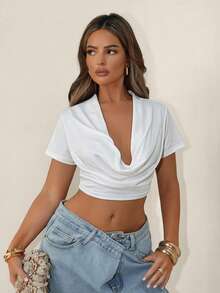 Sirith 新款深V领露脐上衣，性感时尚 - 白色 - 查看 5