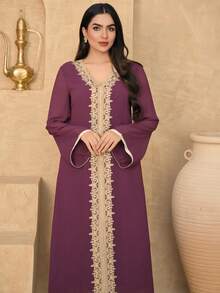 DAZY Women's Elegant Contrast Color Lace Patchwork V-Neck Belted Long Dress, Spring/Summer Dress Sundress - Burgundy - View 5