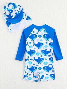 SHEIN Nuevo conjunto de 2 piezas de traje de baño de una sola pieza con estampado digital de animales marinos lindos y gorra de protección solar a juego para bebés/niños pequeños, para playa/vacaciones - Azul - Ver 5
