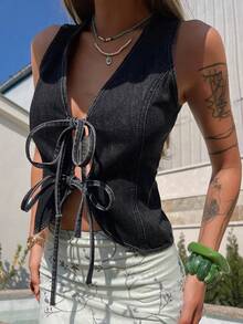 DAZY Áo khoác denim nữ cổ chữ V không tay, buộc dây, dáng ôm, thích hợp cho cả đi làm và đi nghỉ mát. - Rửa tối - Xem 4