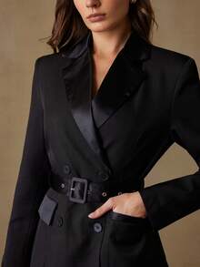 Revavyn New Elegant Women Fitted Colorblock Satin Hem Pleated Waist Blazer Jacket - Black - View 4