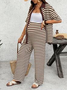 SHEIN 2pcs Maternity Set:Loose Short Sleeve Button Front Top And Comfortable Breathable Pants Cute Outfit Summer Outfits Beach Casual Holiday - Brown - View 5