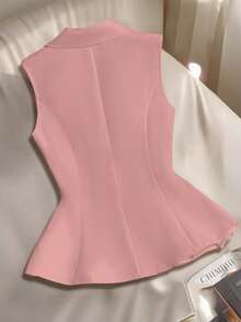 Franclia Women's Spring/Summer French V-Neck Elegant Bow Button Sleeveless Fitted A-Line White Blazer - Pink - View 2