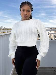 Tyla Gomez Women's Solid Color Round Neck Long Sleeve Simple Sweater, Casual For Daily Wear,Long Sleeve Tops Knit Pullover Fall Winter Outfit - White - View 4