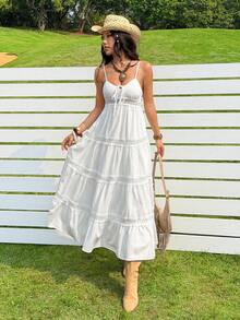 SHEIN EZwear Music Festival White Dress White Woven Spaghetti Strap Vacation Dress - White - View 5