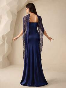 Coutiva Women's Elegant Ruffle Contrast Lace Formal Evening Gown (Heavily Embellished) - Navy Blue - View 2