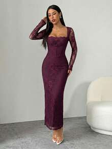 SHEIN PETITE 女士新款夏季派对约会晚宴性感S型蕾丝长袖罩杯鱼骨方领紧身黑色长裙 - 紫色 - 查看 5