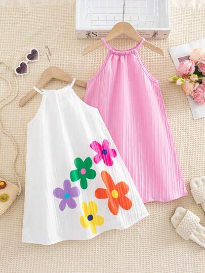 SHEIN Genkimix Kids 2pcs/Set Girls Toddler Fashionable Floral Print Sleeveless Drawstring Neck Dress, Pink & White Combo, Casual Summer Outfit