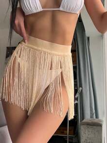 Swim SXY 纯色流苏下摆时尚度假半身裙罩衫 - 香檳色 - 查看 4