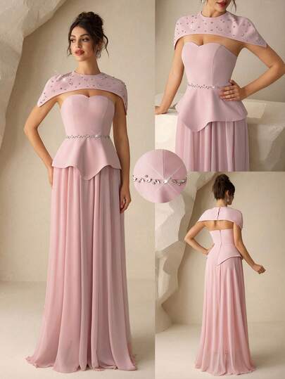 Coutiva Women's Rhinestone Decorated Shawl Strapless Ruffle Hem Elegant Luxurious Evening Gown Valentines Dress Elegant Dress Sequin Dress Floral Dress Pink Elegant Dress Pink Formal Dress Pink Bridesmaid Dress Strapless Peplum Dress Embellished Cape Dress Bridesmaid Formal Dress Peplum Formal Dress Dusty Pink Dress With Bolero Strapless Formal Dress
