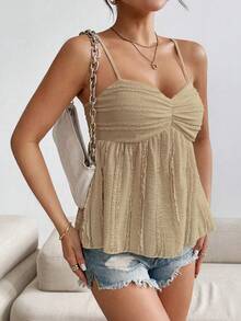 Almamuse Áo hai dây xếp ly tối giản màu trơn dành cho nữ, thích hợp mặc mùa hè. - Màu Khaki - Xem 4