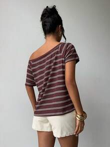 Aloruh Women's Casual Loose Asymmetrical Shoulder Brown Striped T-Shirt - Multicolor - View 2