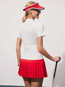 CourtClass Camisa polo de golf de manga corta con cuello con cremallera, estampado rojo y malla, de uso versátil y casual para mujer - Multicolor - Ver 2