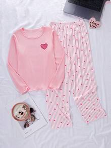 Genkimix Kids 1 Set Piyama Anak Perempuan, Atasan dari Kain Bergaris dengan Desain Hati Merah Muda yang Lucu, Lengan Panjang dengan Hem Berumbai, Bawahan dari Kain Lembut dengan Pola Garis Vertikal Merah Muda & Putih dengan Cetakan Hati Merah Muda, Lembut dan Nyaman, Cocok untuk Pakaian Dalam Musim Semi, Gugur dan Musim Dingin. Set Piyama Lucu - MultiWarna - View 6