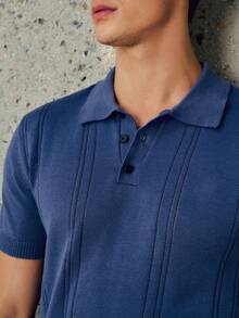 RONVEXI Men's Loose Lightweight Premium Knit Seagull Collar Polo Shirt - Striped Airplane Collar Short Sleeve, Cool & Comfortable Summer Fashion Casual Essential Men Buttoned Polo Men Knit Shirt Blue Polo Shirt Men Short Sleeve Polo - Dusty Blue - View 2