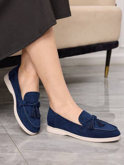 Sleekvia Mocasines casuales cómodos de ante azul marino con diseño de lazo y borlas, adecuados para ir al trabajo, actividades al aire libre, viajes, compras y uso diario