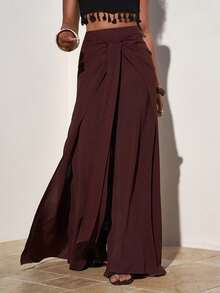 Zivah 春夏新品上市，适合生日派对、毕业季、日常出行、休闲度假、邮轮旅行、海滩日光浴、网络热销、圣诞节、休闲优雅、通勤聚会等各种场合。采用系带设计，阔腿裤型，女士褶皱纹理面料，棕色裤子-A - 棕色 - 查看 1