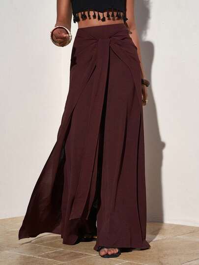 Zivah New Spring/Summer New Arrival, Suitable For Birthday Parties, Graduation Season, Everyday Outings, Versatile Casual Vacations, Cruise Trips, Beach Sunbathing, Online Bestsellers, Christmas, Casual Elegance, Commuting Parties, And Other Occasions. Features A Tie-Knot Design, Wide-Leg Pants, Women's Wrinkled Textured Fabric, Brown Pant-A