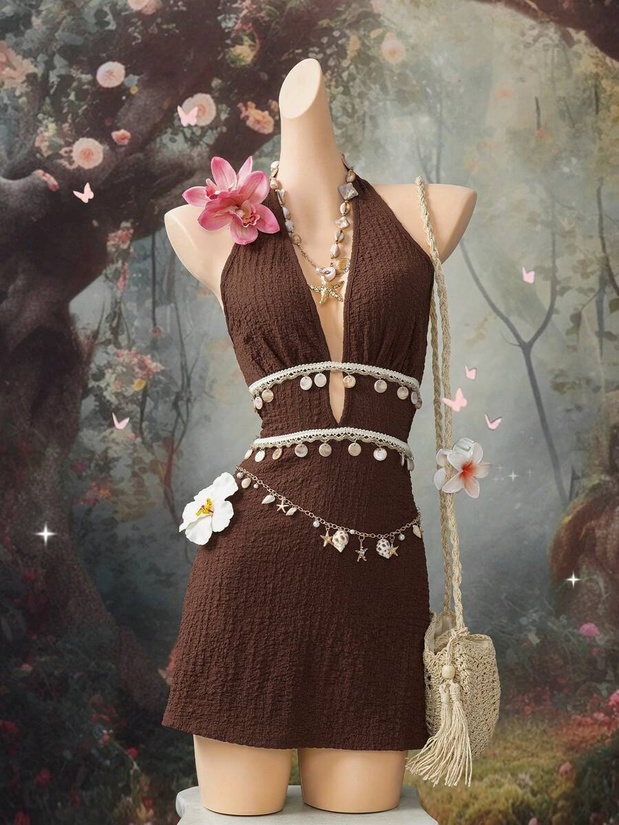 EgrlEra Boho Vintage Resort Shell Decor Halter Mini Dress For Women - Brown - View 1