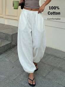 Muchica Women's White Loose Fit Pants Summer - White - View 1