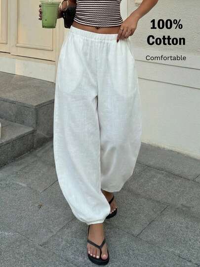 Muchica Women's White Loose Fit Pants Summer