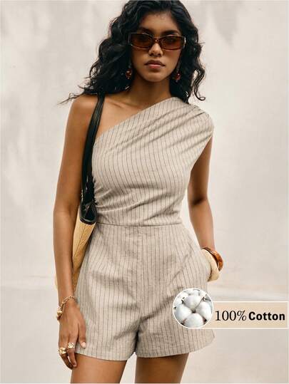 Poéselle Women's Striped Asymmetric Shoulder Pocket Cotton  Jumpsuit, Fashionable For Daily Wear  From Spring To Summer  Jumpsuit  Daily & Date Night Essential