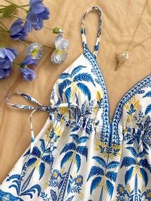 Soleia 女士V领印花褶皱时尚百搭度假吊带背心，适合度假、海滩、夏季、热带风情，可爱又有趣 - 彩色 - 查看 4