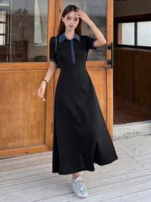 DAZY Women's Contrast Color Korean Style Casual Long Sleeve Midi Dress Sundress - Black - View 2