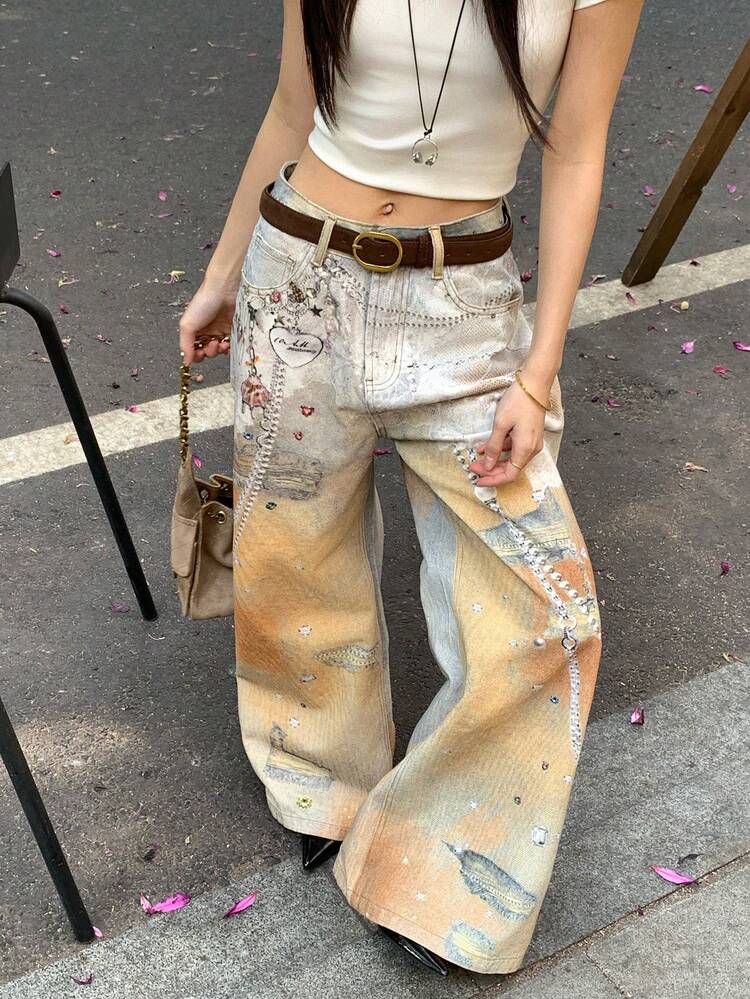 Women's Oversized Printed Casual Loose Fit Jeans, Korean Street Style