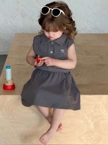 DAZY Toddler Girls' Casual Collared Sleeveless T-Shirt And Skirt 2-Piece Set, Korean Style - Grey - View 4