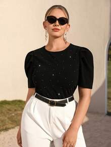 Juhart 大码纯色泡泡袖时尚水钻装饰女式T恤 - 黑色 - 查看 6