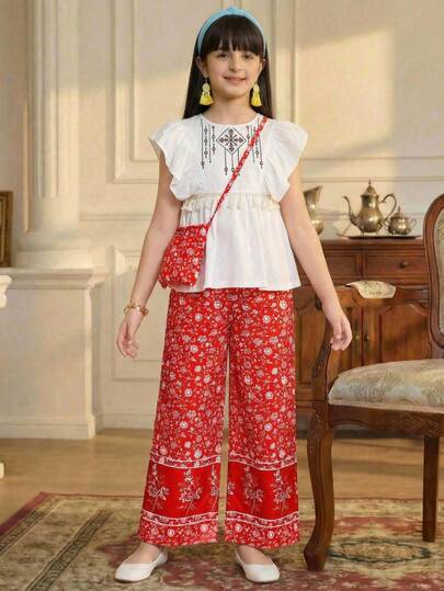 少女经典梭织无袖上衣搭配印花梭织宽松长裤，舒适贴身，适合夏季日常通勤、户外活动、聚会和拍照。