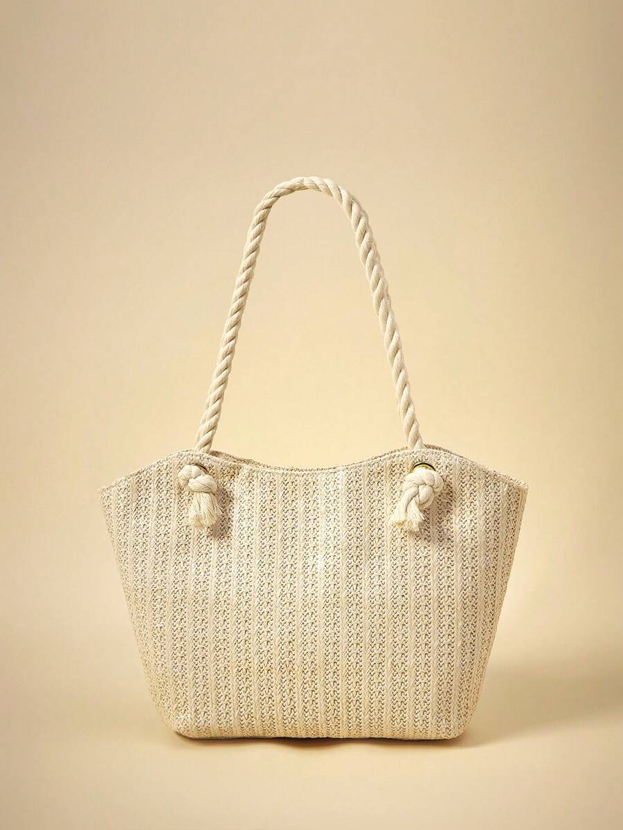 Travachic 夏季海滩度假草编手提包，大容量，时尚，百搭，休闲单肩包 - 米色 - 查看 1