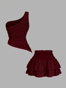 Sweetra 1 Bộ áo crop top không tay màu trắng có khóa thắt lưng và chân váy xếp ly ngắn màu trắng, phong cách tối giản - Màu Đỏ Sâu - Xem 2