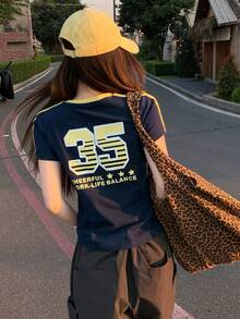 DAZY 女士撞色领拼接字母印花修身短袖休闲街头T恤，夏季图案T恤 - 藏蓝色 - 查看 6