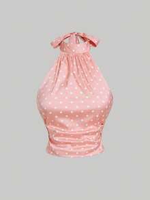 SHEIN MOD 白色和粉色波点缎面系带高领露背上衣——复古优雅的宫廷风格，适合约会、派对、Y2K风格、节日和生日穿着。 - 粉色 - 查看 5