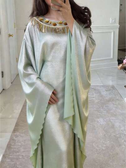 Al Najma Women's Elegant Crew Neck Velvet Long Dress With 3D Tassel Floral Trim Glossy Fabric, Sequined Tassels, Loose And Comfortable. Elegant Dresses For Party Sparkly Dress