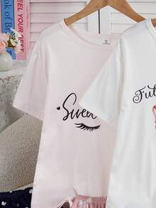 4pcs Girls/Teens Minimalist Fashion Heart, Eyelash, Moon, Letter Print Brown Plaid Pants And Short Sleeve Pajama Set Girl Summer Pajama Girls Night Wear Bow Pajamas Girl Sleep Wear - Multicolor - View 4